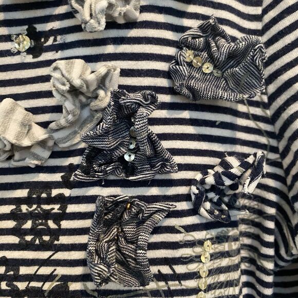 Coldwater Creek Top M Navy White Striped Mixed Media‎ Sequin 3D - Picture 6 of 11